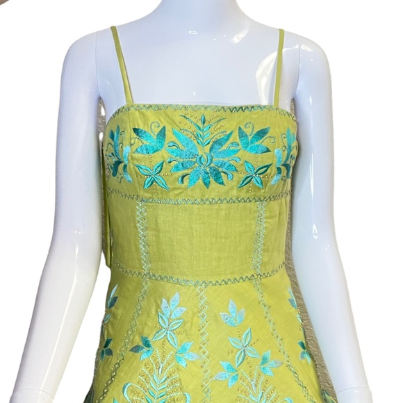 Susan Wong Green Embroidered Linen Beaded Spaghetti Strap Midi Dress - Sz 4 - Picture 5 of 10